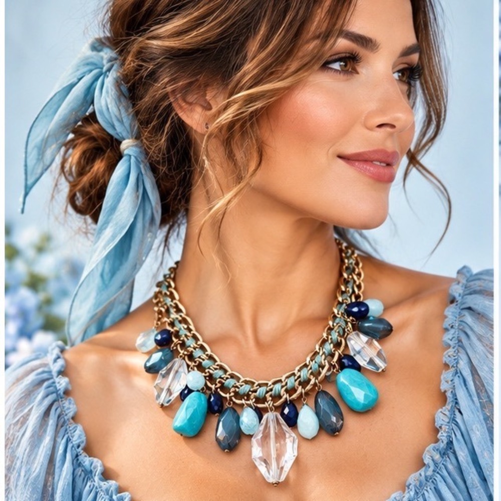 Chunky Bib Necklace Teal Crystal Lg Beaded Hand Interwoven Cord Double Chain